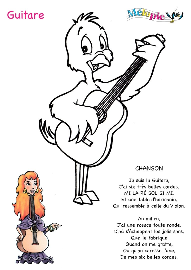 Avec notre dessin de guitare les enfants peuvent colorier la guitare Avec sa chanson ils apprennent ment elle est faites une table d harmonie